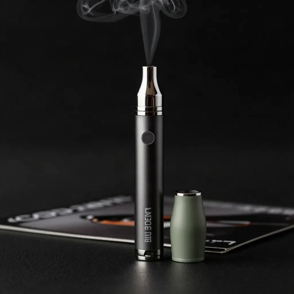 Blue Dream vape pen with cap and glass pebble, rim-lit in dark haze as vapor curls upward.