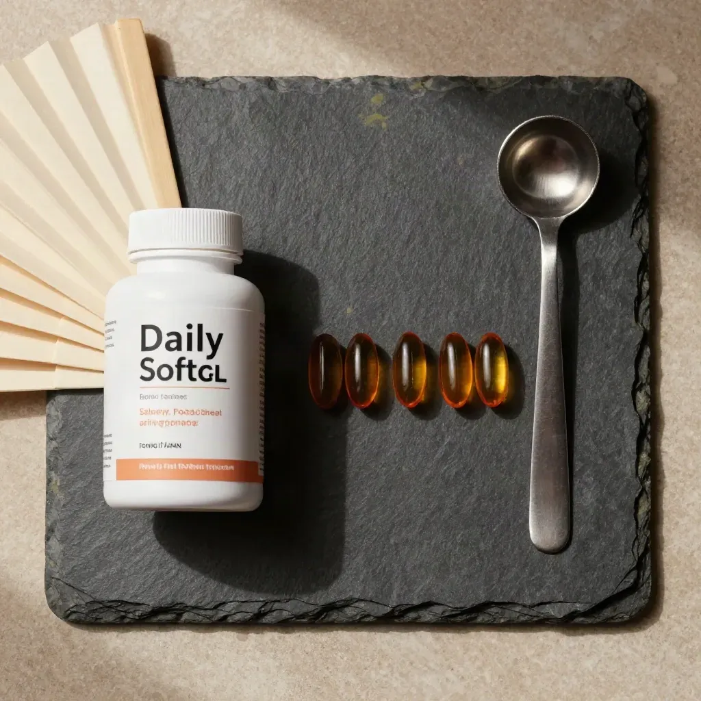 Overhead flatlay of a softgels bottle, six capsules, paper fan and metal scoop on stone