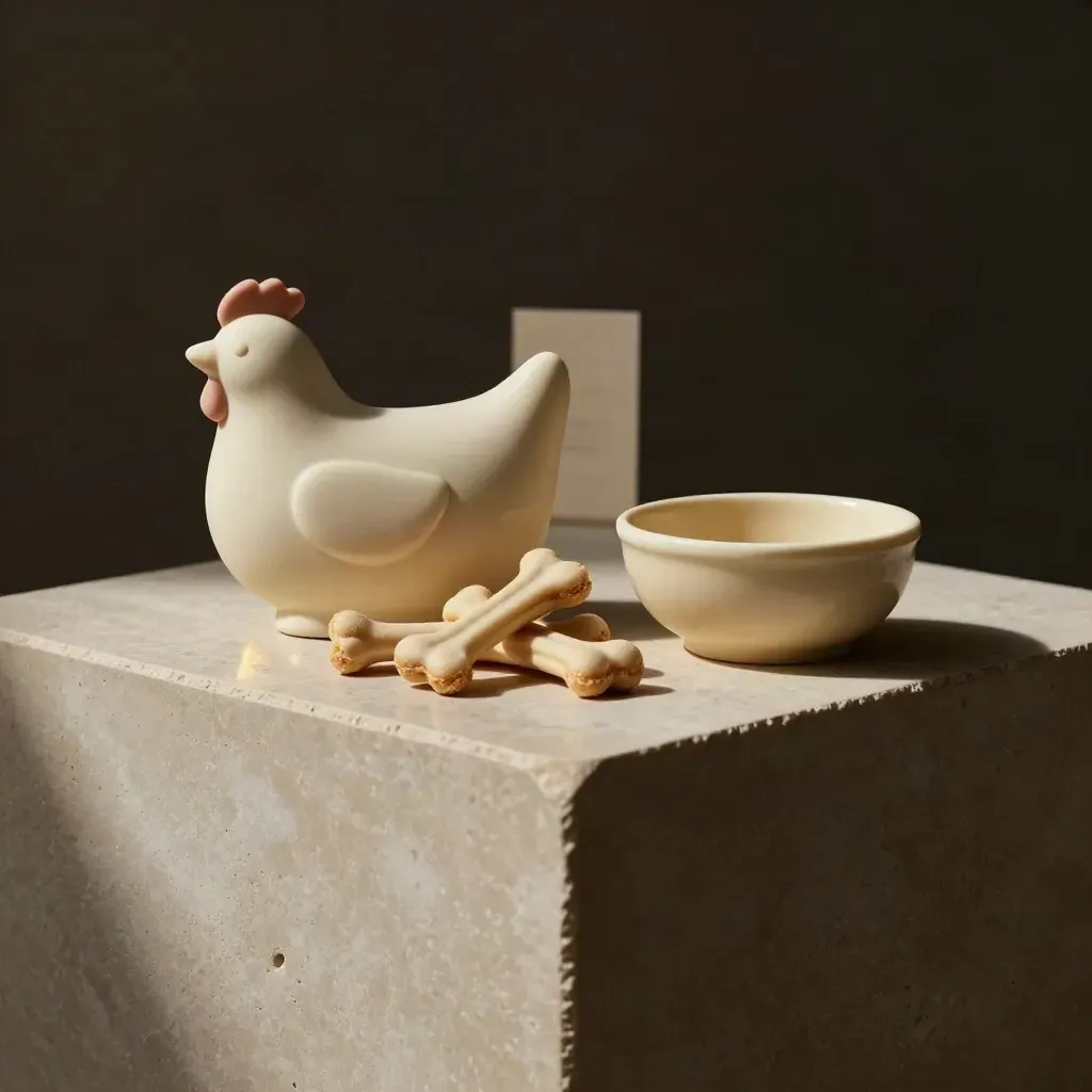 Cream dog treat tub with bone chews and a bowl on a stone pedestal in dramatic studio light