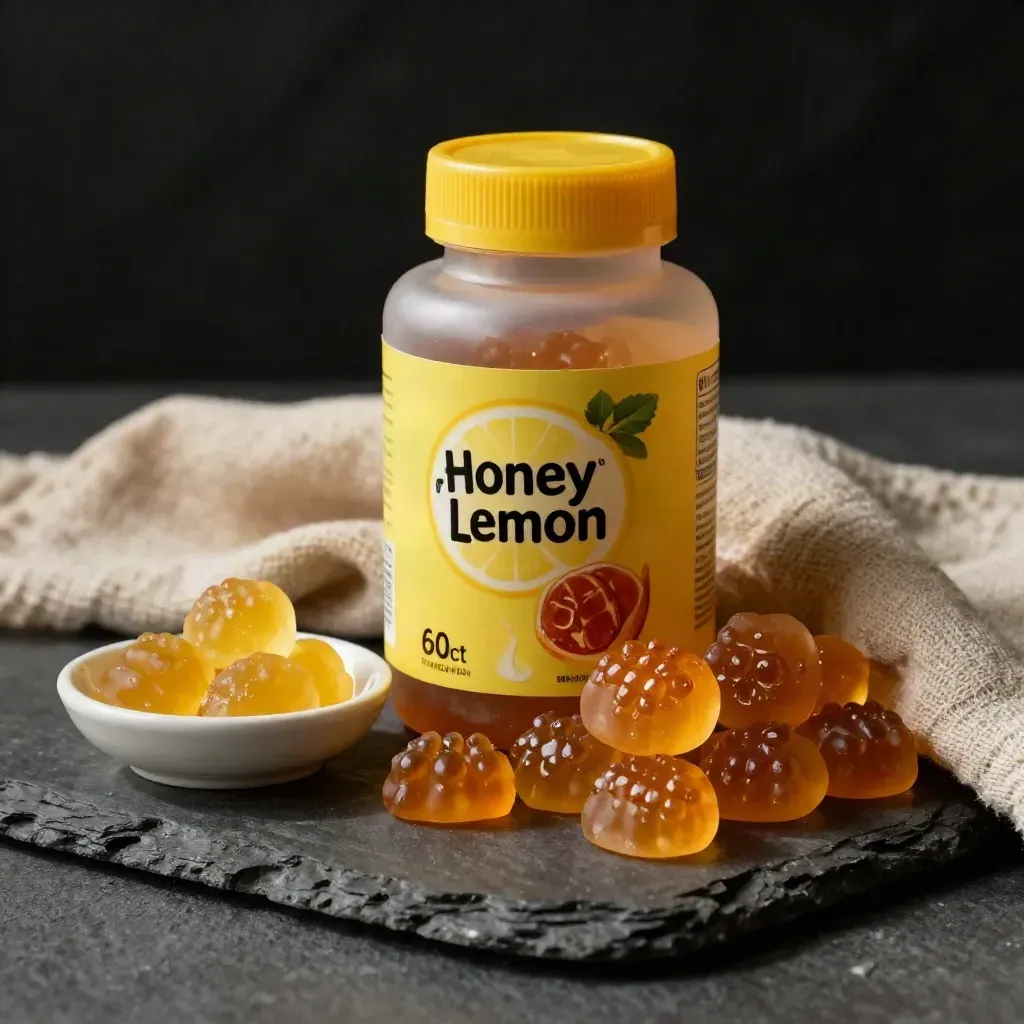 Macro honey lemon gummies bottle with glossy gummies on ceramic dish and linen fold